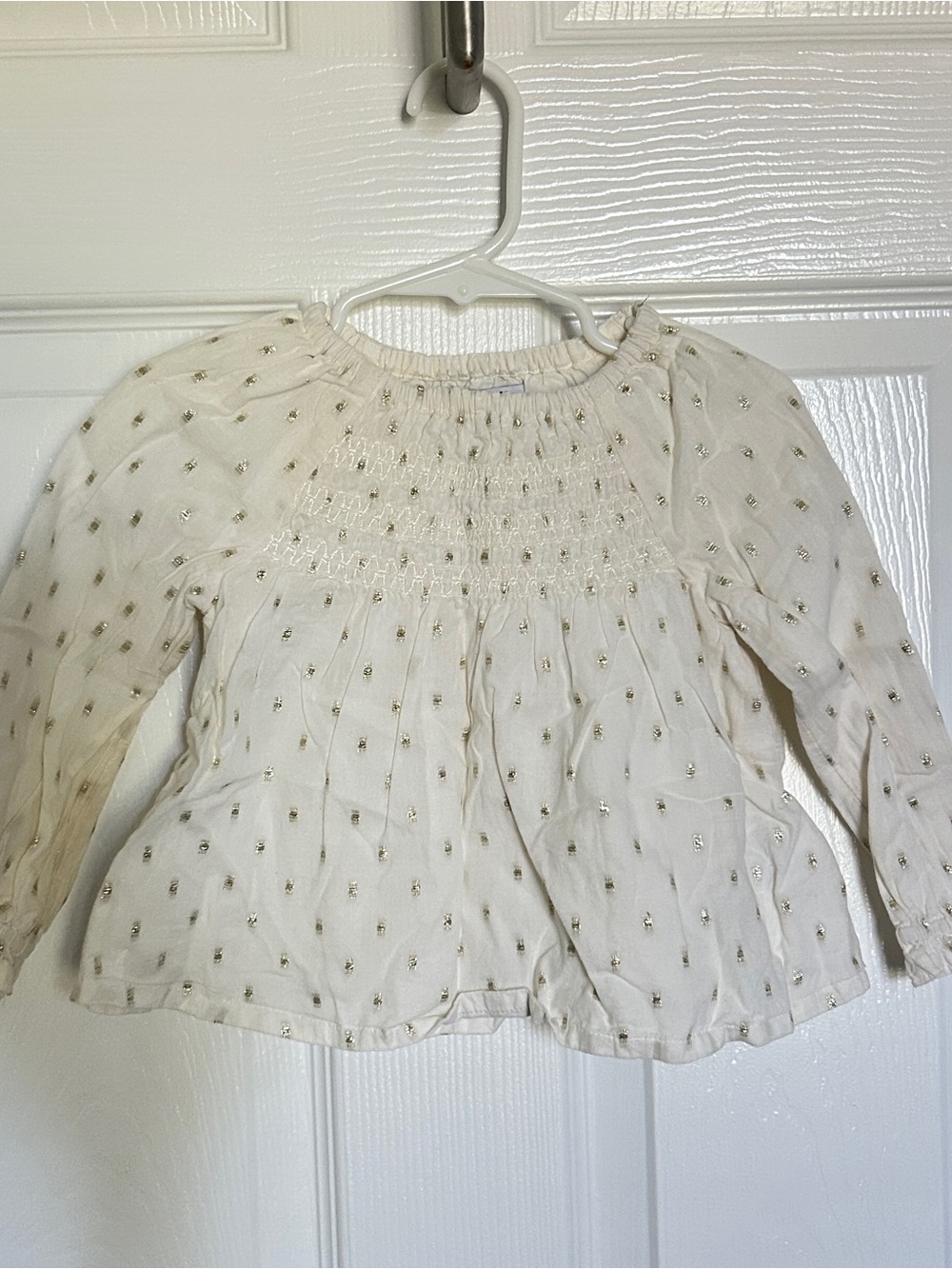 Old Navy Baby Girl Cream Long-Sleeve Smocked Top with Gold Dots